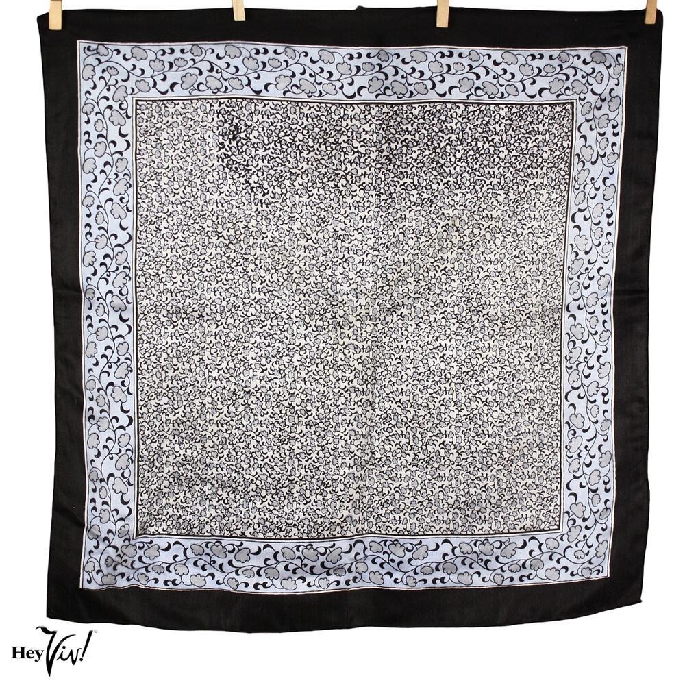 Vintage Silk Scarf Black Blue White Floral Border Print 20" Square - Hey Viv